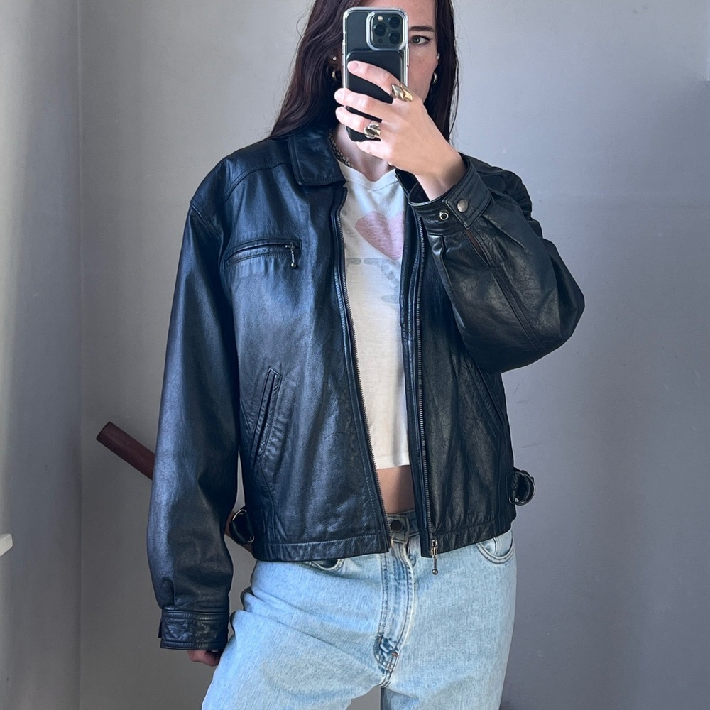 Vintage Leather Bomber Jacket Black‎ Boxy 90s Biker Coat Minimalist Full Zip